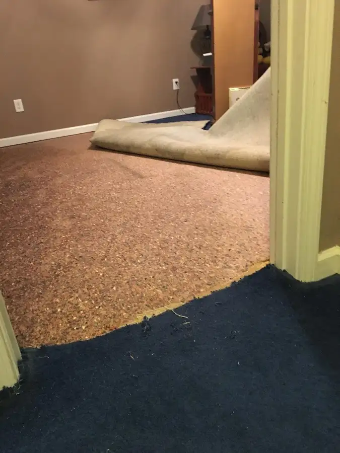Carpet pad removal revealing water damage during Water Mitigation Services in Fishersville
